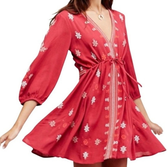 Free People Red Embroidered Stargazer Tunic Dress - Picture 2 of 9